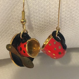 Red & Black Creamer Tea Cup Spoon Asymmetrical Dangling Earrings Polka Dot Goldtone Teaparty Tea Party Creamer Tiny Spoon Miniature