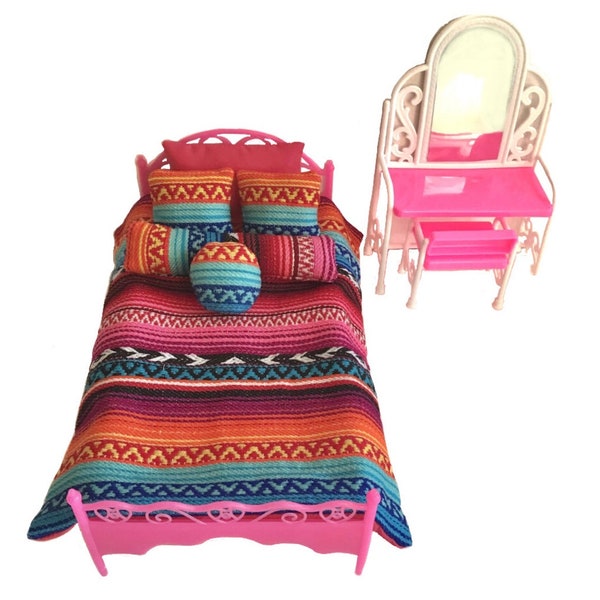 Modern Mexican Boho 1:6 scale bedding set for Barbie, Sindy dolls