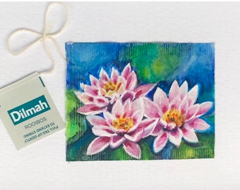 Waterlilies miniature painting on teabag, Teabag art, Framed painting