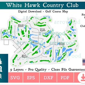 Könnte beinhalten: Ein digitaler Download einer Golfplatzkarte für den White Hawk Country Club. Die Karte zeigt die Gestaltung des Platzes mit grünen Fairways, blauen Wasserhindernissen und weißen Sandbunkern. Die Karte enthält auch die Namen der verschiedenen Löcher, wie Black Hawk, Grey Hawk und Silver Hawk.