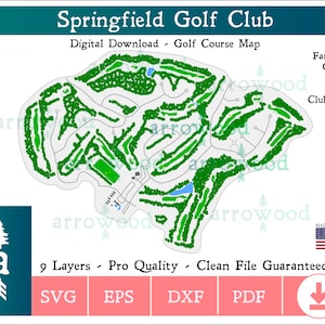 May include: A digital download of a golf course map for Springfield Golf Club. The map shows the layout of the course, including the tees, fairways, greens, sand traps, water hazards, clubhouse, roads, trees, and land. The map is in a green and white colour scheme.