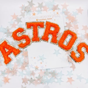 Chenille orange “ASTROS”  + Gold Glitter Iron On Adhesive  Patch | Houston Astros | Orange World Series Champions | Baseball