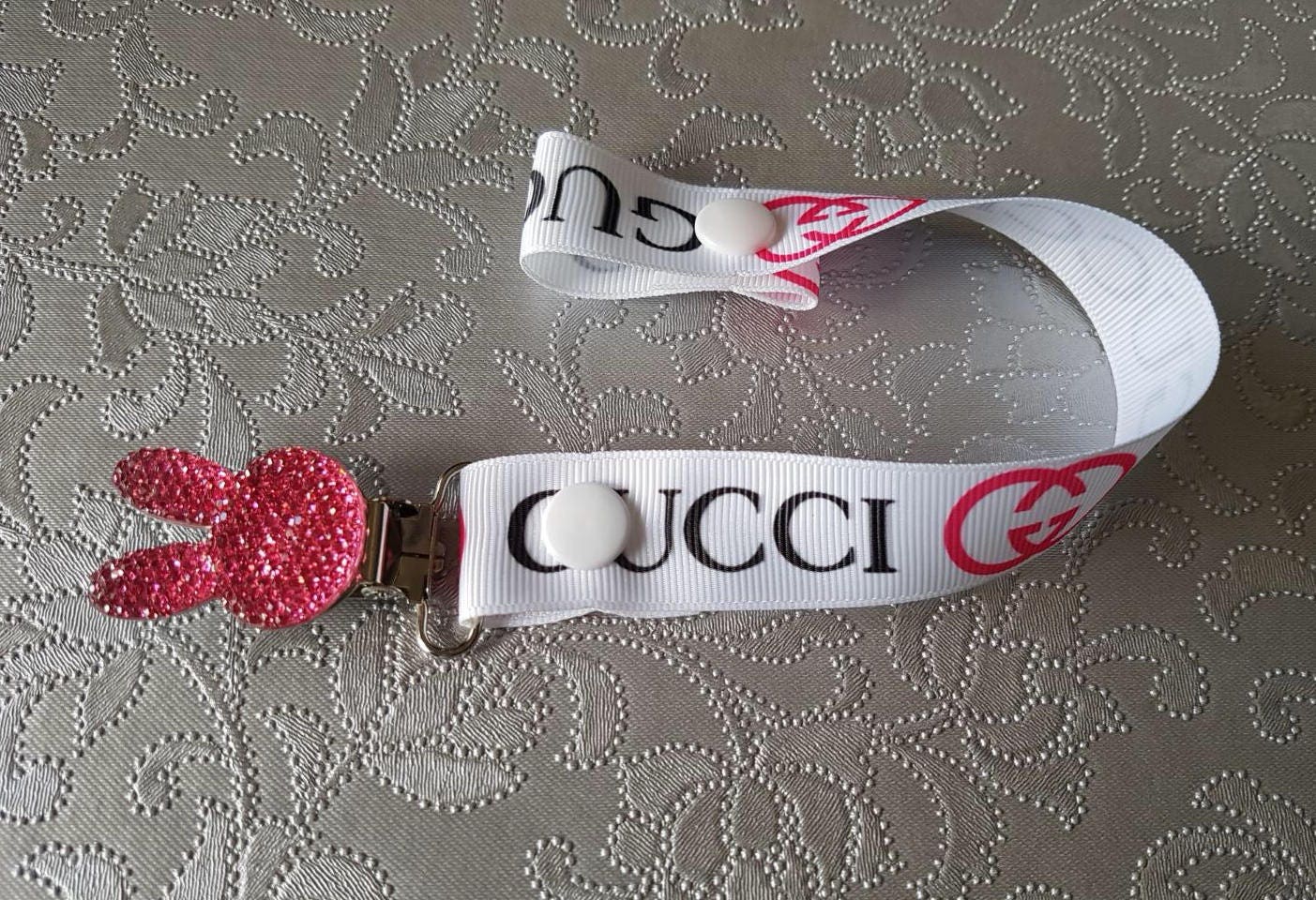 Pacifier clip Ribbon pink grosgrain Gucci rabbit rhinestone Etsy