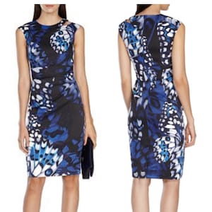 KAREN MILLEN Medium Pencil Wiggle Dress Blue Butterfly Wing Print Sizes: US 10, Uk 14, Eu 42
