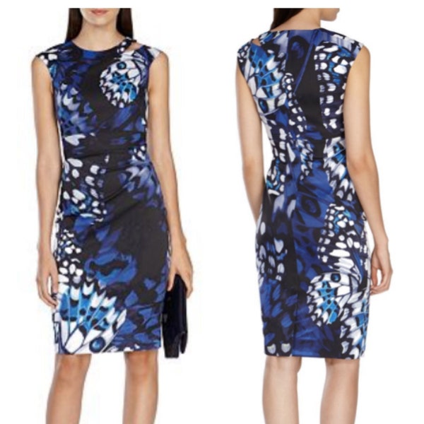 KAREN MILLEN Pencil Wiggle Dress Blue Butterfly Wing Print Sizes: US 10, Uk 14, Eu 42