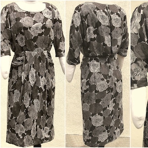 Vintage 40s Illusion Draped Floral Silk Chiffon Wiggle Dress Small 6