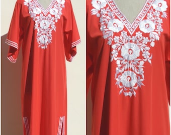 Maxi Orange Kaftan Dress White Embroidery Angel Sleeves Size Medium