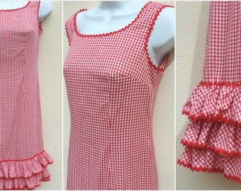 Vintage 60s Red Gingham Check Flounce Hem Country Cottage Sheath Sleeveless Dress by Designer Alfred Werber Extra Small to Small