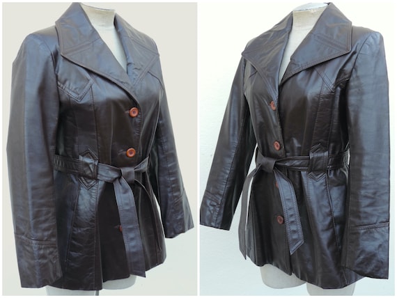1960s MOD Brown Leather Jacket Belt Tie Car Coat Wome… - Gem
