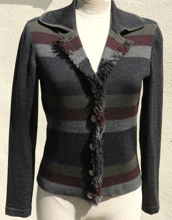 Vintage Italian Wool Knit Gray Striped Fringe Sil… - image 1