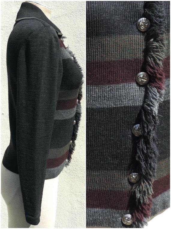 Vintage Italian Wool Knit Gray Striped Fringe Sil… - image 7