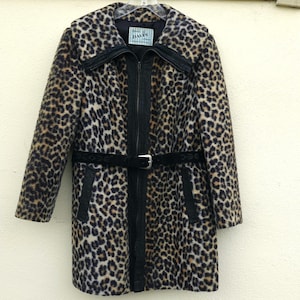 vintage Manteau en fausse fourrure léopard fermeture éclair sur le devant col cheminée grand à très grand