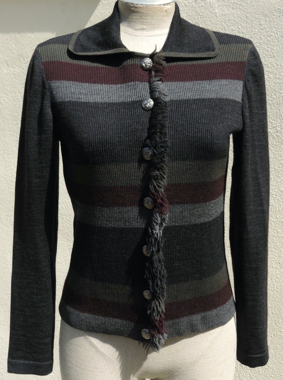 Vintage Italian Wool Knit Gray Striped Fringe Sil… - image 3