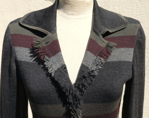 Vintage Italian Wool Knit Gray Striped Fringe Sil… - image 4