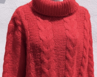 Vintage Mohair & Nylon Hand Knit RED Cowl Neck Pullover Sweater for the Limited Large