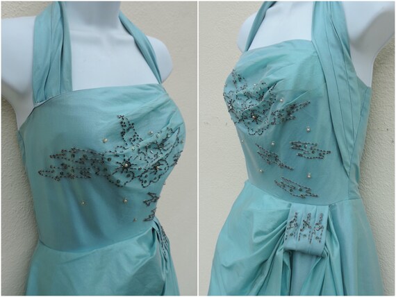 50s Beads & Sequins Blue Prom Party Pageant Forma… - image 3