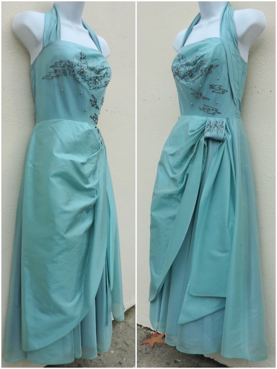 50s Beads & Sequins Blue Prom Party Pageant Forma… - image 2