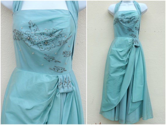 50s Beads & Sequins Blue Prom Party Pageant Forma… - image 1