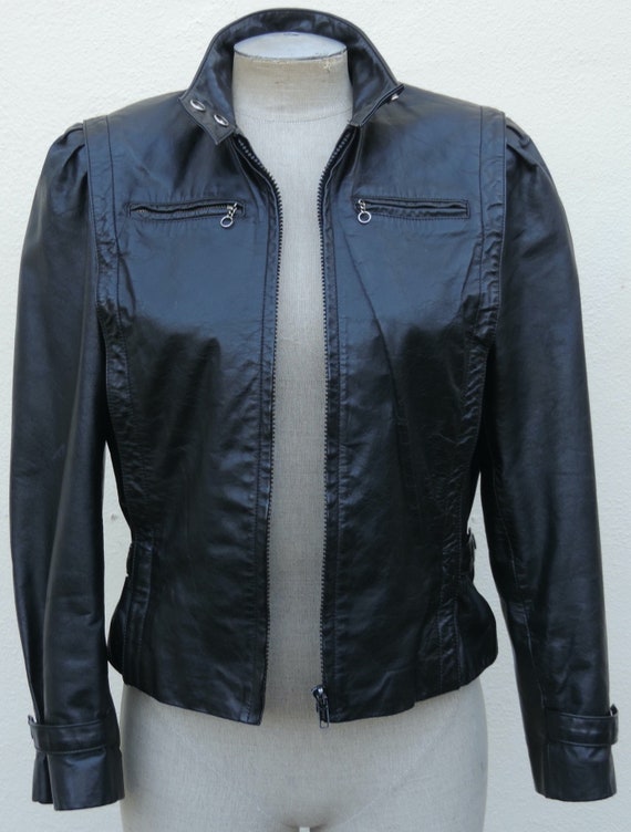 Wm's Leather Moto Biker Jacket Chest Zippers Snap… - image 2