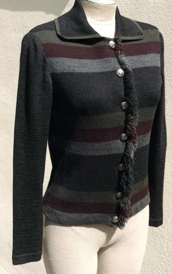 Vintage Italian Wool Knit Gray Striped Fringe Sil… - image 2