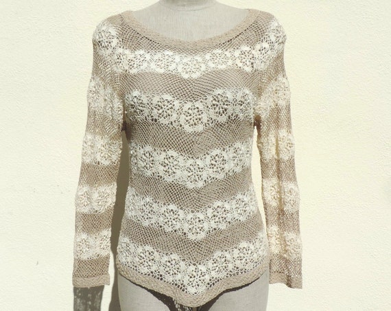 Lim's Hand Crochet Cotton Blouse Top Openwork Swe… - image 1