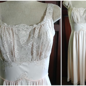 Vintage 50s Lace Appliqués Long Ecru Nightgown Small 32" US 4