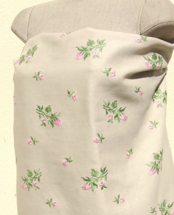 3 Yds Embroidered Natural Linen Cotton 32" Wide Dress Fabric Pink Flowers Green Leaves