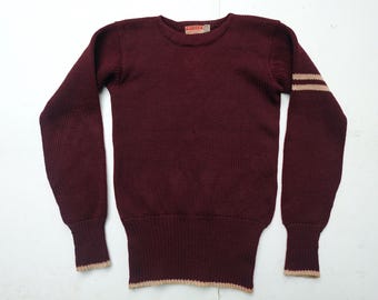 Vintage Pullover Wool Sweater Hand-knit Pullover Burgundy Stripes