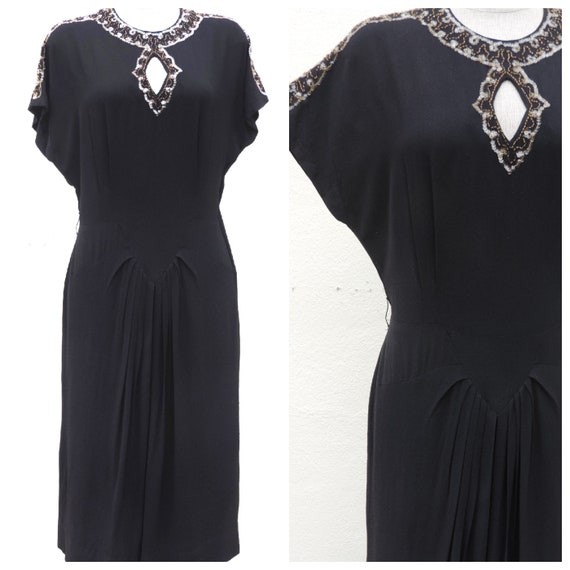 Vintage 1930s-40s Art Deco Dress Crepe Rayon Sequi