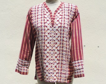 Vintage Ethnic Shirt Hand Woven Cotton Embroidered Tunic Women Medium