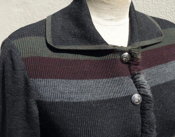 Vintage Italian Wool Knit Gray Striped Fringe Sil… - image 6