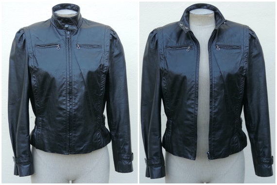 Wm's Leather Moto Biker Jacket Chest Zippers Snap… - image 1