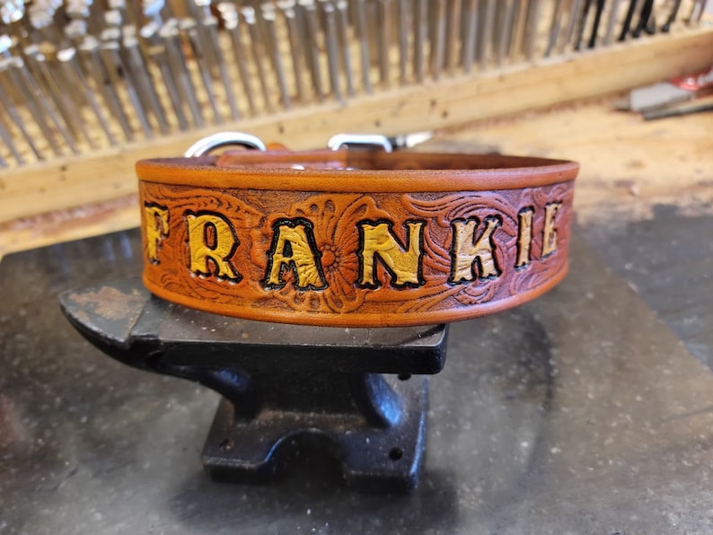 May include: A brown leather dog collar with a floral design and the name "FRANKIE" embossed in gold lettering.