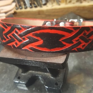 Dog Collar, Leather Dog Collar, Red and Black, Tribal, Celtic, Medium Dog Collar. Larg Dog Collar, Handmade