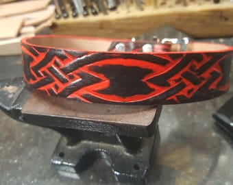Dog Collar, Leather Dog Collar, Red and Black, Tribal, Celtic, Medium Dog Collar. Larg Dog Collar, Handmade