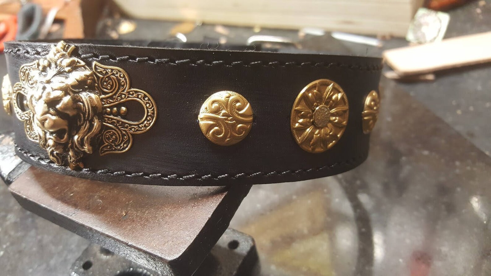 Leather dog collar Lion Head Brass Black stitched dog Etsy