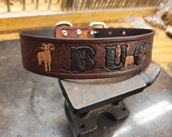 Dog Collar, Leather dog collar, Dog Name, Wildlife pattern, Deer, 1.5''inch wide, Mahogany, Handmade, Medium dog collar, Large Dog Collar.
