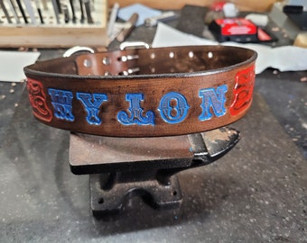 Dog Collar, Leather dog Collar, Dark Brown with Blue Name and Red Floral , handmade, Medium Dog Collar, Large Dog Collar, 1.5'' inches wide