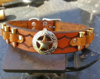 Dog Collar, Leather Dog Collar, Sheriff Star with 22LR Bullet Dog Collar, Handmade, Small Dog Collar, Tiny Dog Collar,