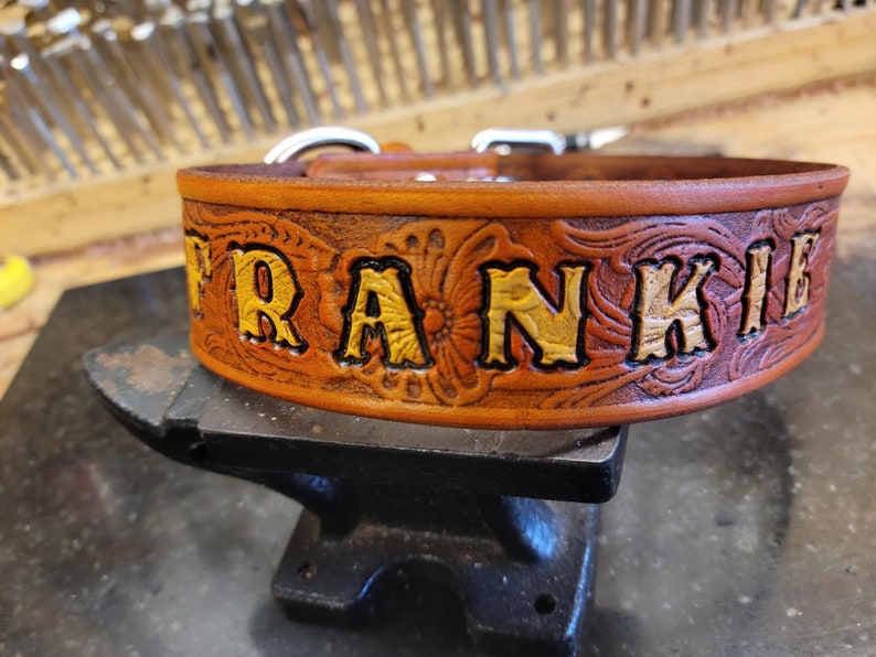 May include: A brown leather dog collar with a floral embossed design and the name "FRANKIE" in gold lettering.