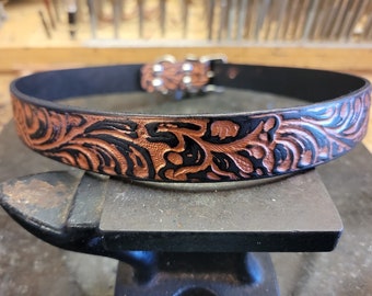 Dog Collar, Leather dog collar, Western Floral, 1''inch wide, Black and Copper, Embossed, small dog collar, Medium Dog Collar