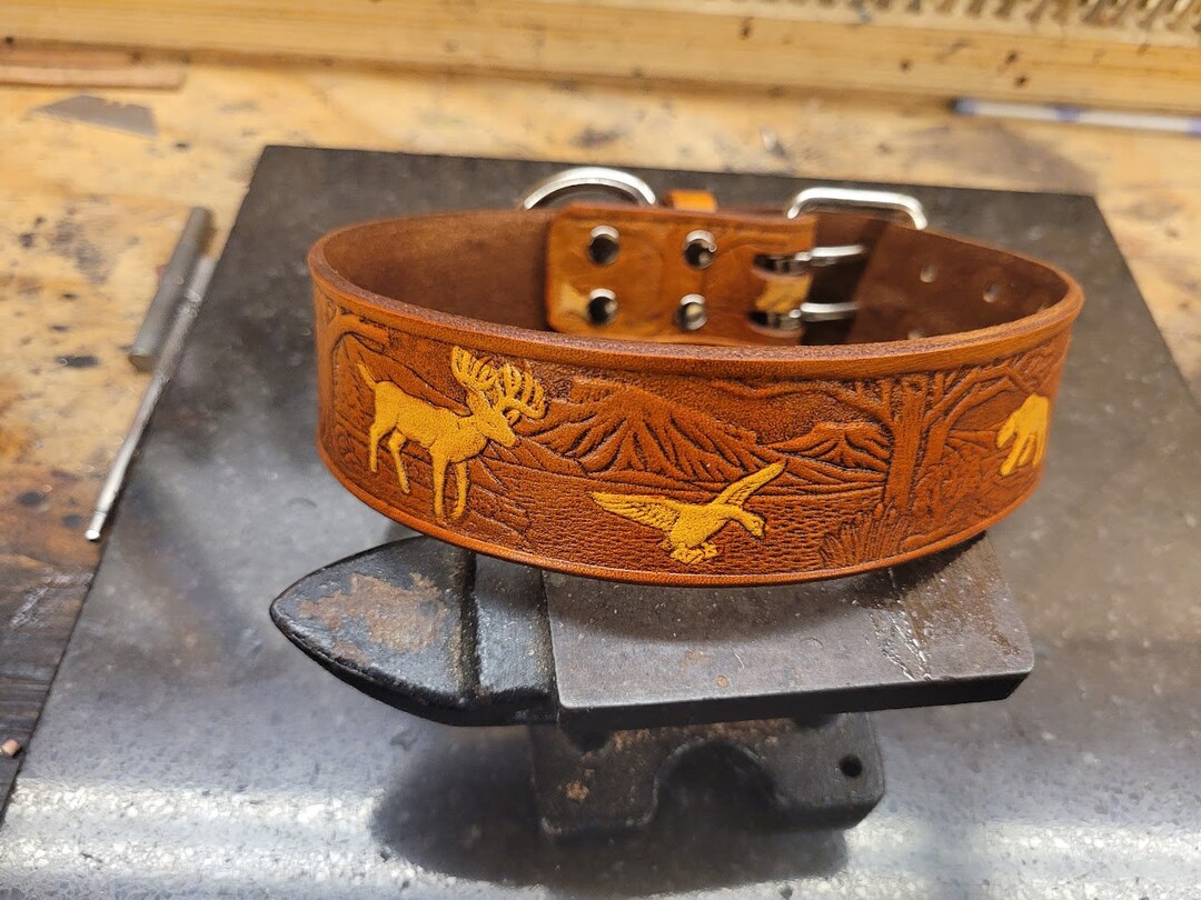Dog Collar, Leather Dog Collar, Wildlife Pattern, Dear, Rabbit, 1.5 ...