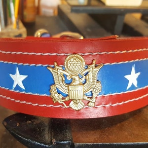 Dog Collar, Leather Dog Collar, Handmade Collar, American Red White and Blue Dog Collar, Patriotic, Large Dog Collar, Medium Dog Collar