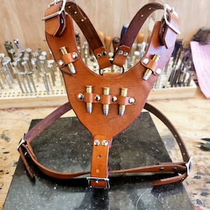 Dog Harness, Leather Dog Harness, Leather Dog Harness with 357Mag Bullets, Handmade and crafted, Tooled Harness with bullets..