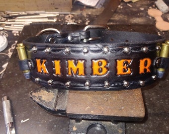 Dog Collar, Leather Dog Collar, 357mag Bullets, with Dogs Name, round Studs, Personalized, Western Dog Collar, Large Dog Collar, 2" wide