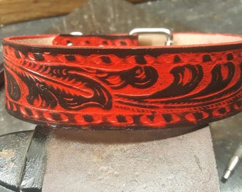 Dog Collar, Leather Dog Collar, Black and Red Dog Collar, Vintage look, Embossed 1.5" wide, Medium Dog Collar, Large Dog Collar