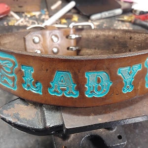Dog Collar, Leather Dog Collar, Dark Brown and Turquoise, Custom Name, Western, hand crafted, Medium Dog, Large Dog, 1.5&#39;&#39; inches wide
