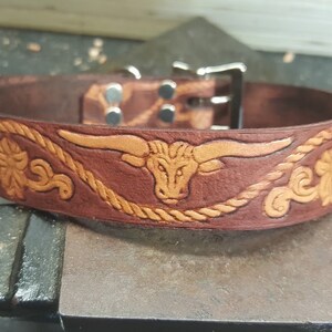 May include: A brown leather dog collar with a tooled design of a bull's head and rope. The collar has a silver buckle and is adjustable.