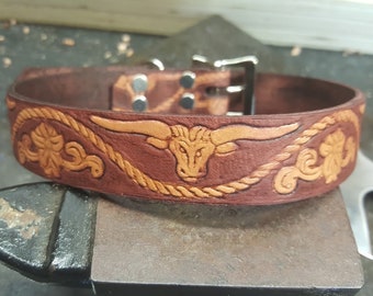 Dog Collar, Leather Dog Collar, Rodeo Dog Collar, Bull Head, Rodeo, Western Dog Collar, Saddle Tan Color