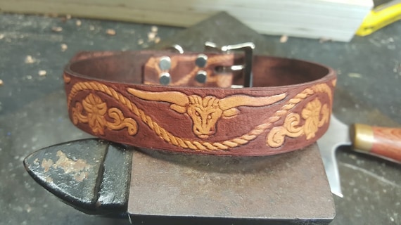 Dog Collar, Leather Dog Collar, Rodeo Dog Collar, Bull Head, Rodeo, Western Dog Collar, Saddle Tan Color